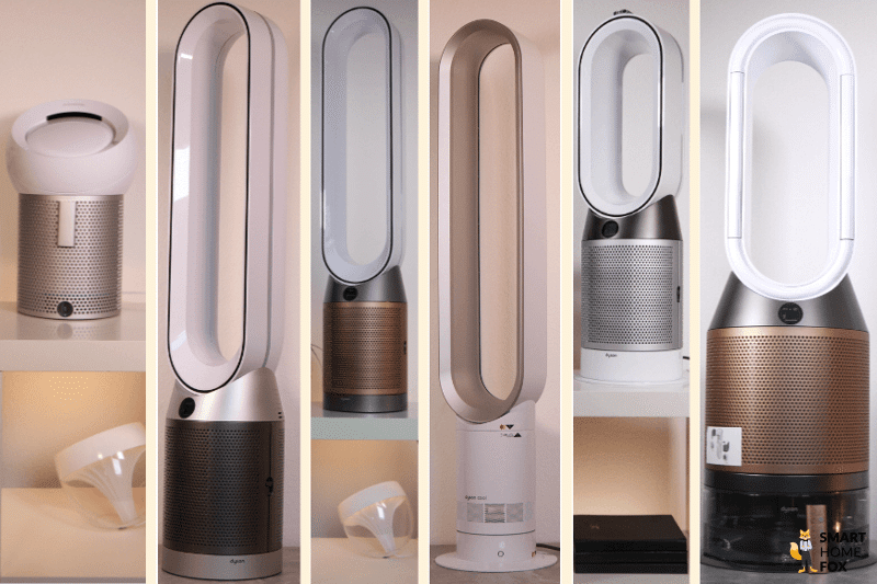 Verschiedene Dyson Ventilatoren sind eingereih nebeneinander im Test und Vergleich zu sehen.